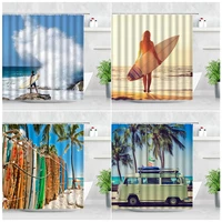 Seaside Scenery Waterproof Shower Curtains Surfboard Car Ocean Wave Tropical Plant Printed Cloth Bath Decor Bathroom Curtain Set