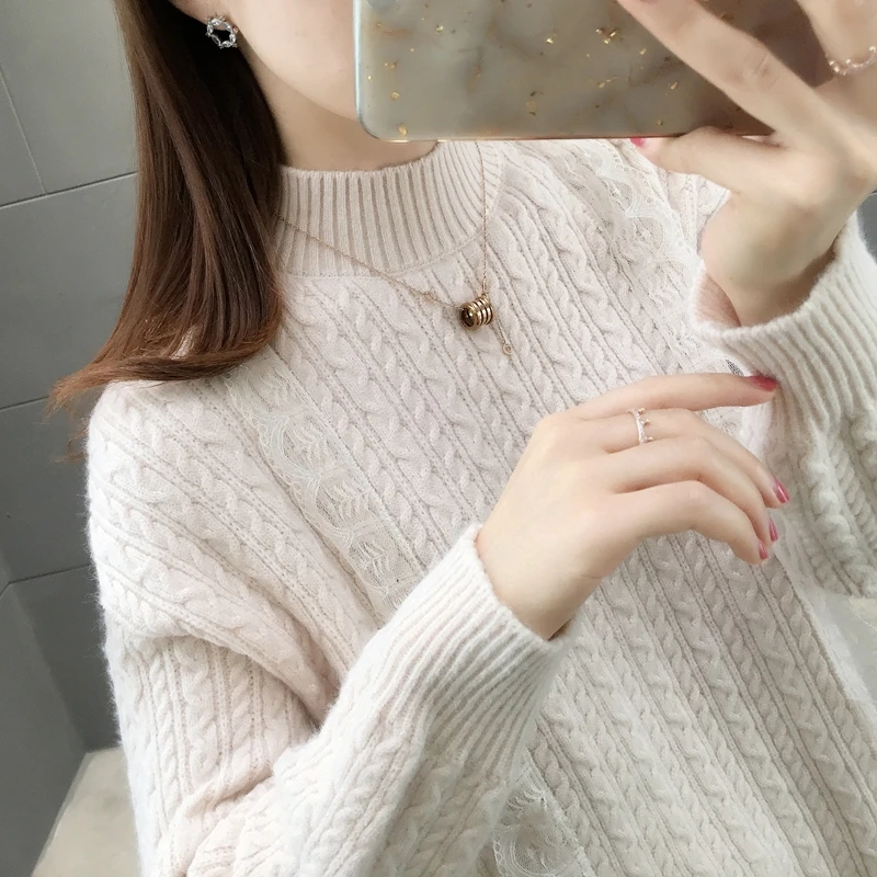 

436449 real photo solid color twist lace splicing half high collar knitting sleeve sweater [Zone 8]ag