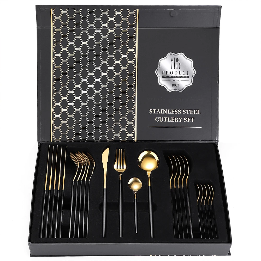 

24Pcs/Set Gold Dinnerware Set Knife Fork Spoon Flatware Set Stainless Steel Tableware Set Kitchen Cutlery Tableware Set Gift Box