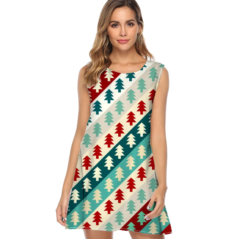 

Christmas pattern with ho ho-ho Print Dress Women New Casual Loose Chiffon Summer Dress Mini Sleeveless Elegant Party Dress