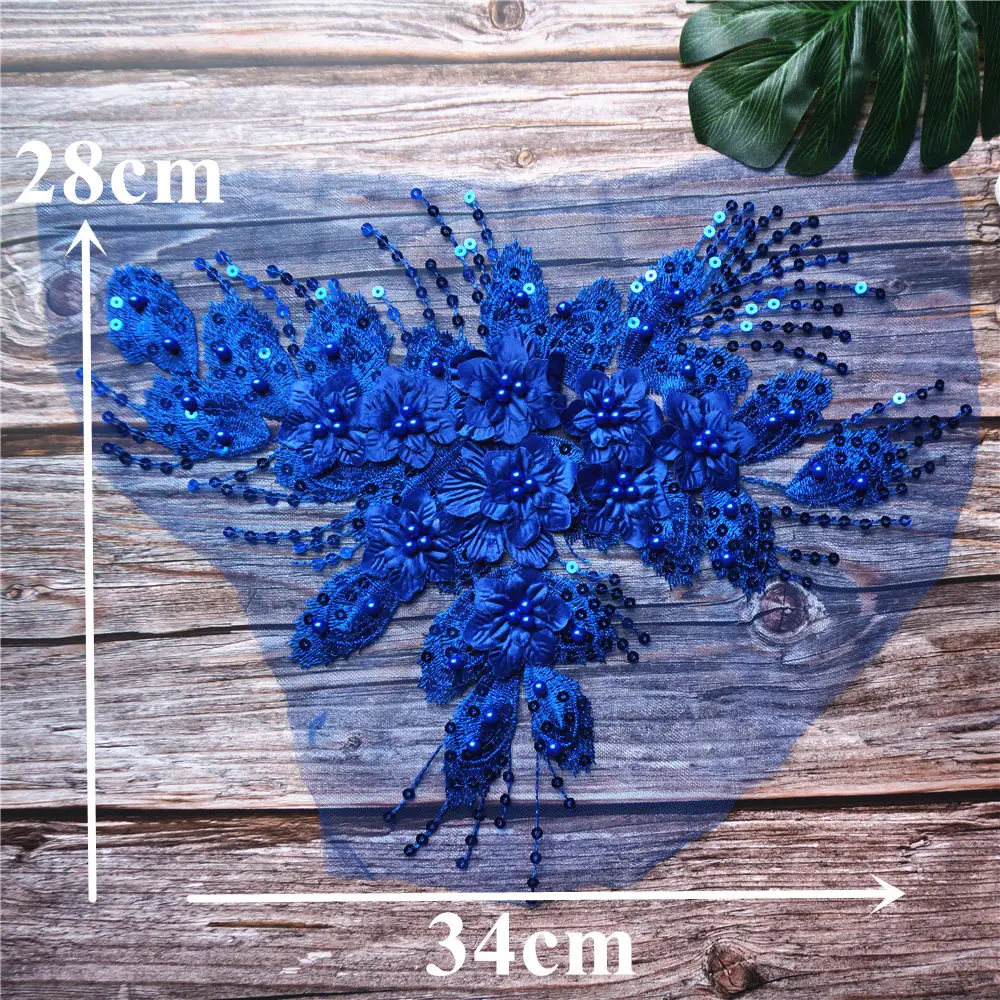 Королевский синий блестящий бахрома 3D цветок Роза бусины кружевная ткань