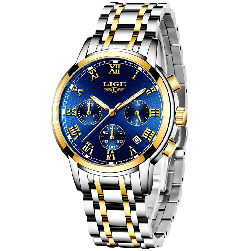 Часы наручные LIGE Мужские кварцевые роскошные брендовые модные спортивные