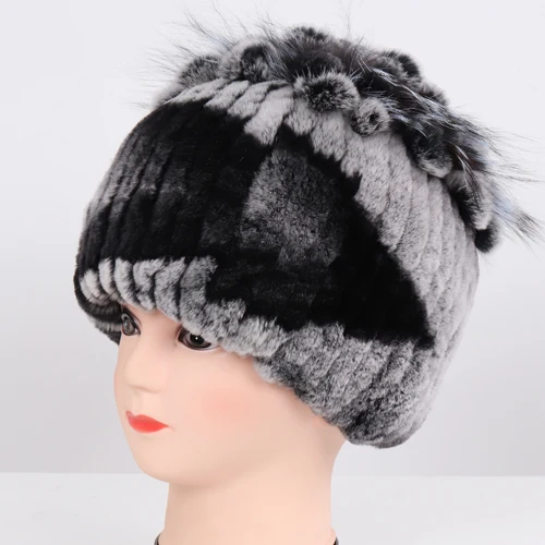 grey and black 1 Новое поступление зимние женские Хорошие эластичные Настоящий мех кролика шапочки шапки женские толстые теплые натуральная меховая вязаная шапка из настоящего меха - Цвет: grey and black 1