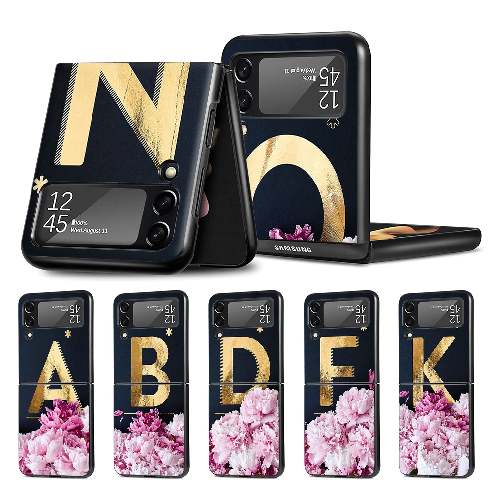 

Cell Phone Case for Samsung Galaxy Z Flip3 5G Black Coque Z Flip 3 Hard PC Luxury Cover Zflip3 Funda Capa Golden Letters Flowers