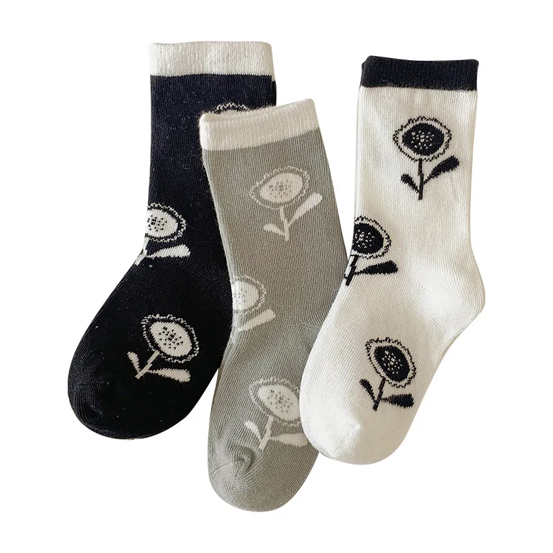 Calcetines con flores coreanas para ni&ntilde;os y ni&ntilde;as, medias de algod&oacute;n para estudiantes, primavera y oto&ntilde;o, 3 pares-0