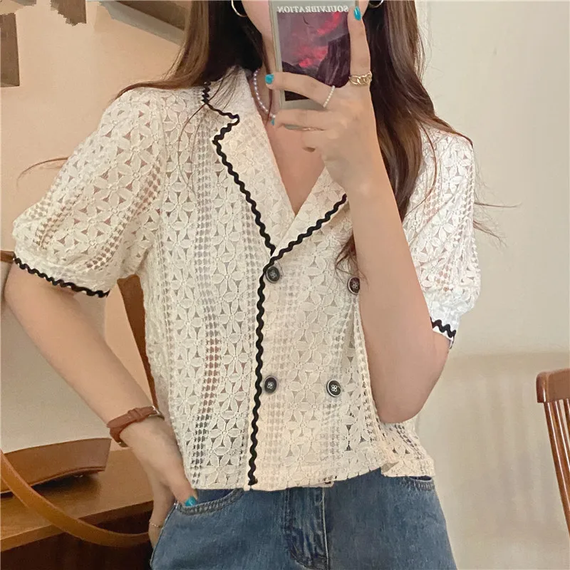 

2021 Women Tops Summer Chic Lace Crochet Floral Blouses Hollow Out Double-breasted Shirts Korean Elegant Temperament Blusas
