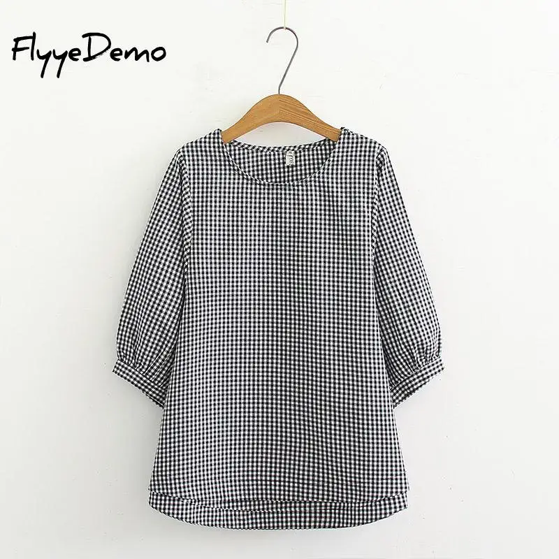 6XL в винтажном стиле с круглым вырезом Блуза клетку для женщин пышными рукавами