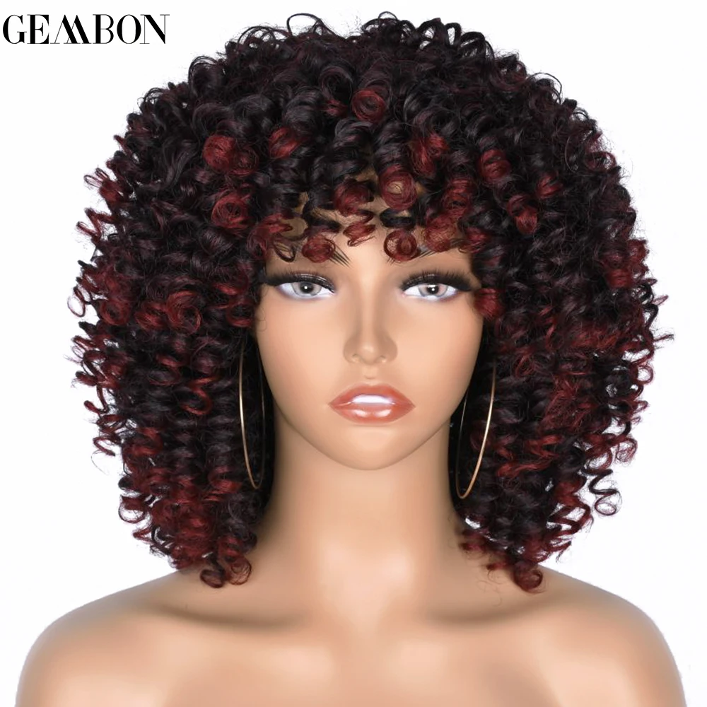 

Short Hair Afro Kinky Curly Wigs With Bangs Synthetic Ombre Natural Heat Resistant Omber Red Glueless for African women GEMBON