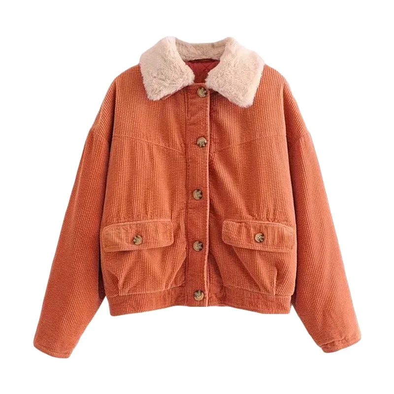 

TTBD Women 2022 fashion with faux fur collar loose corduroy padded jacket vintage long sleeve pockets female outerwear chic tops