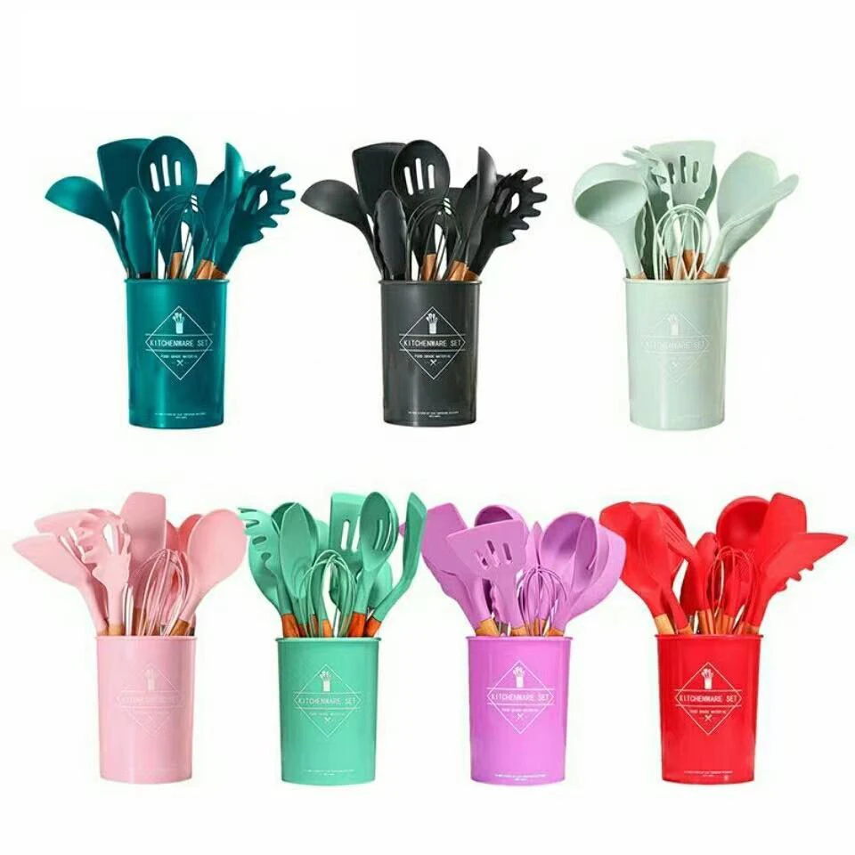 

11Pcs Food Grade Silicone Kitchenware Household Wooden Beech Handle Cooking Utensils Baking Tools Non-stick Spatula Kitchen Tool