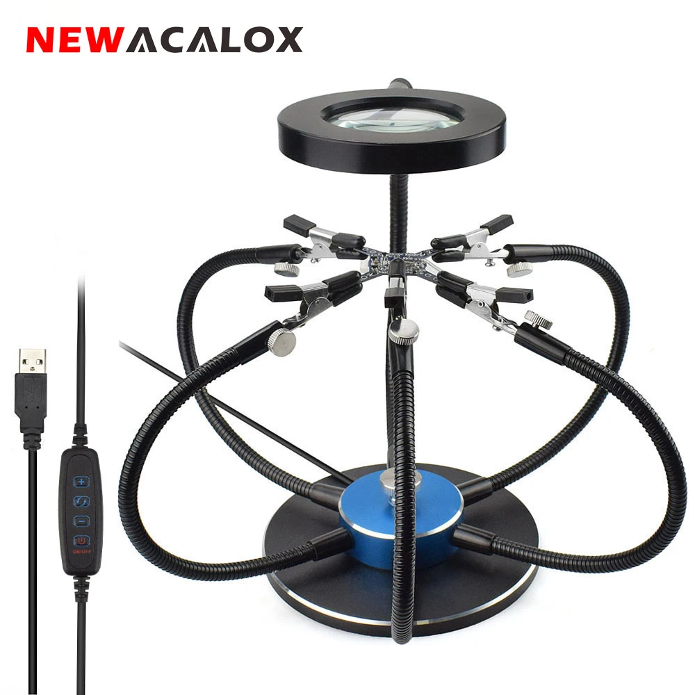 NEWACALOX держатель паяльника паяльная станция USB 3X увеличительное стекло светодиодный свет 6 шт. гибкие руки Третий ручной сварочный инструмент