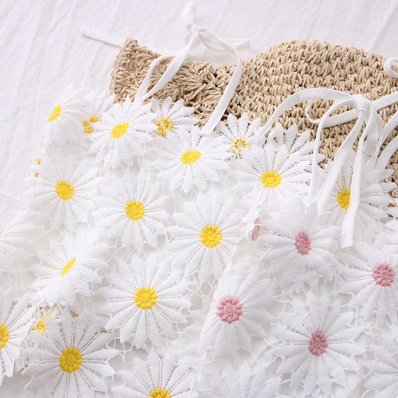 Кружевные вязаные топы MUMUZI белые летние блузки без рукавов с высокой талией