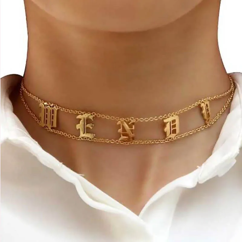 

Custom Old English Name Necklace Personalized Gothic Choker Stainless Steel Double Gold Chain Nameplate Jewelry Gifts BFF