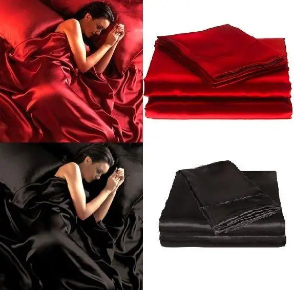 95gsm 4 Pc Luxury Satin Silky Soft QUEEN Bed Fitted Bed Sheet Set - RED BLACK