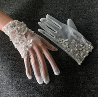 womens sexy transparent elegant pearl beaded white mesh glove female sunscreen vintage short lace driving glove r2990