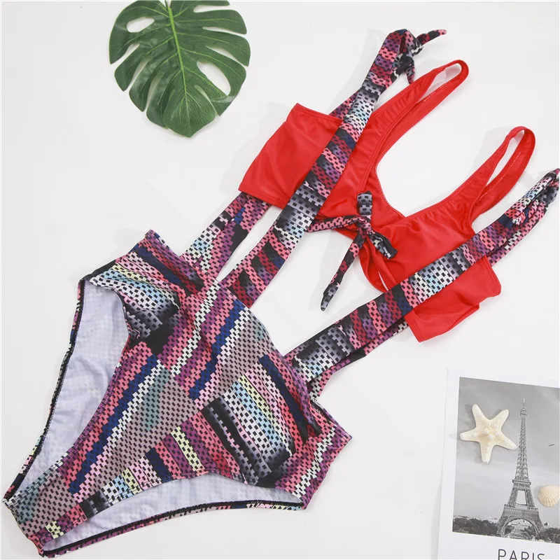 

Sexy Print Bikini 2021 Plus Size 3Pcs Swimwear Women Bandage Big Ladies High Waist Strap Swimsuit Bathing Suit Beachwear Mask