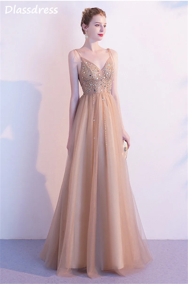 

Женское вечернее платье с блестками, элегантное платье цвета шампанского на тонких бретелях, расшитое бисером, трапециевидного силуэта, для выпускного вечера, 2020