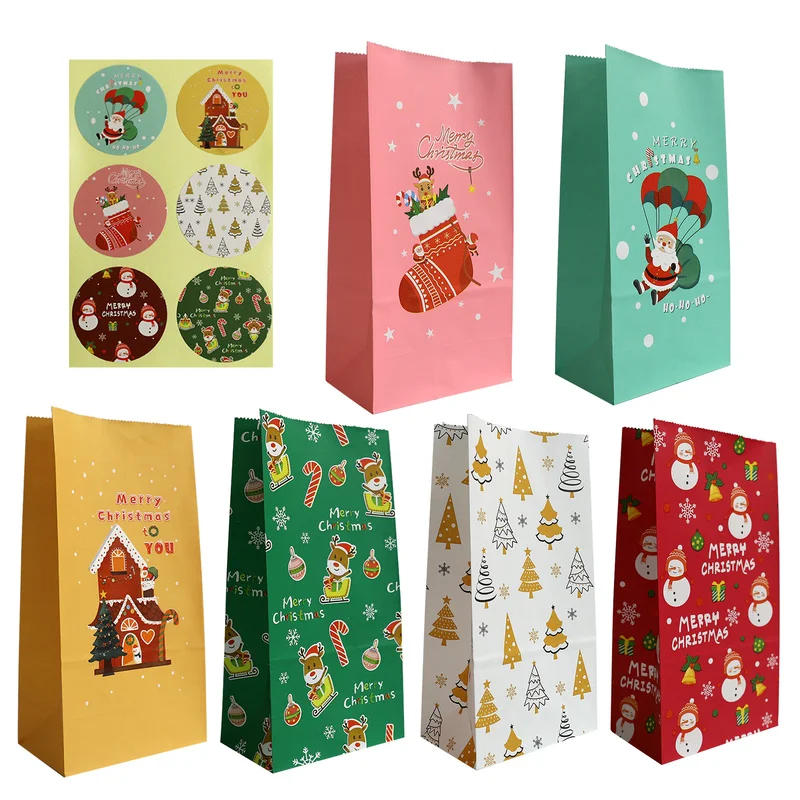 

6pcs Christmas Gift Paper Bag Santa Claus Snowman Candy Cookies Packing Favor Bag New Year Party Decorations Merry Christmas Bag
