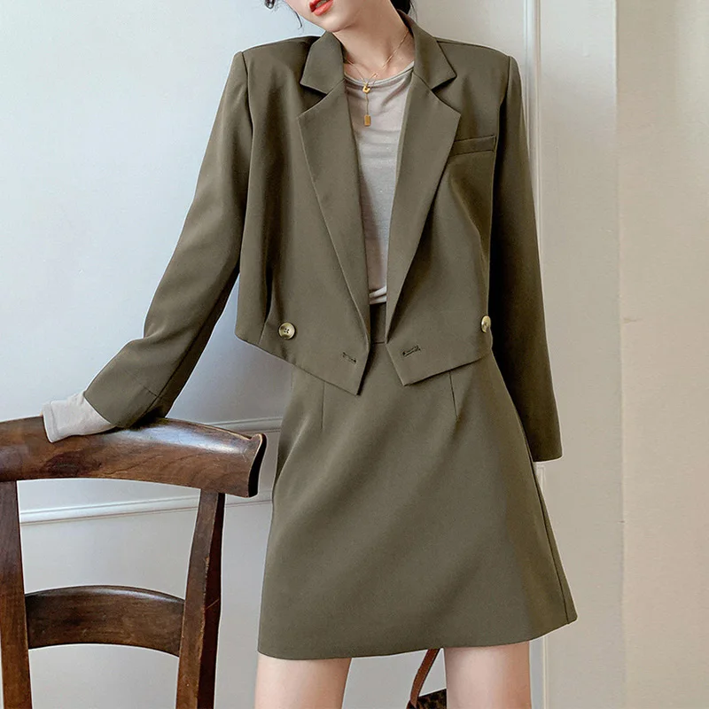 

Casual Ladies Slim Long Sleeves Blazer Croped Tops and Skirts 2 Pieces Sets Women 2020 Fall Korean Fashion Clothes Suit