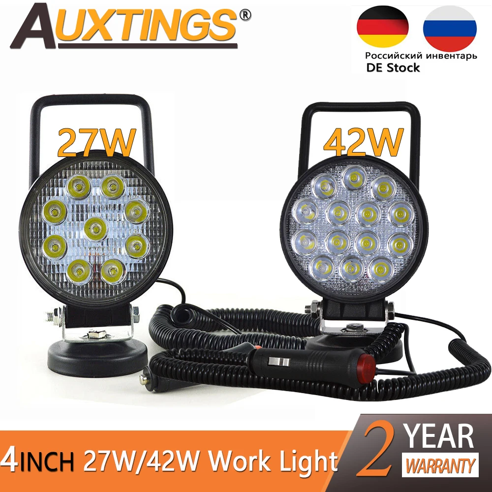 Auxtings 4in 4'' Portable 27W 42W Flood Spot Magnetic Base Led Work Light Car Truck Driving Offroad 4WD  4x4 SUV ATV 12V 24V