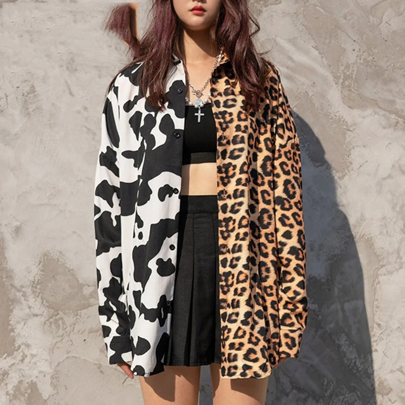 

Retro cow print shirt men and women color matching shirt loose leopard shirt
