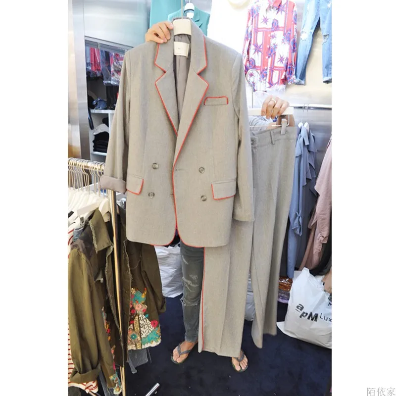 2020 spring new high-quality fashion edging temperament suit mid-length small coat female straight pants suit blazer set