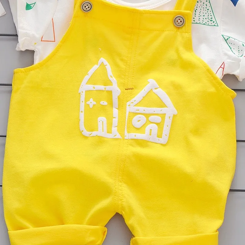Summer Baby Girls Boys Clothes Infant Color T Shirt Kids Cartoon House Pattern Bib Pants 2pcs/sets Children Casual Sport Suits