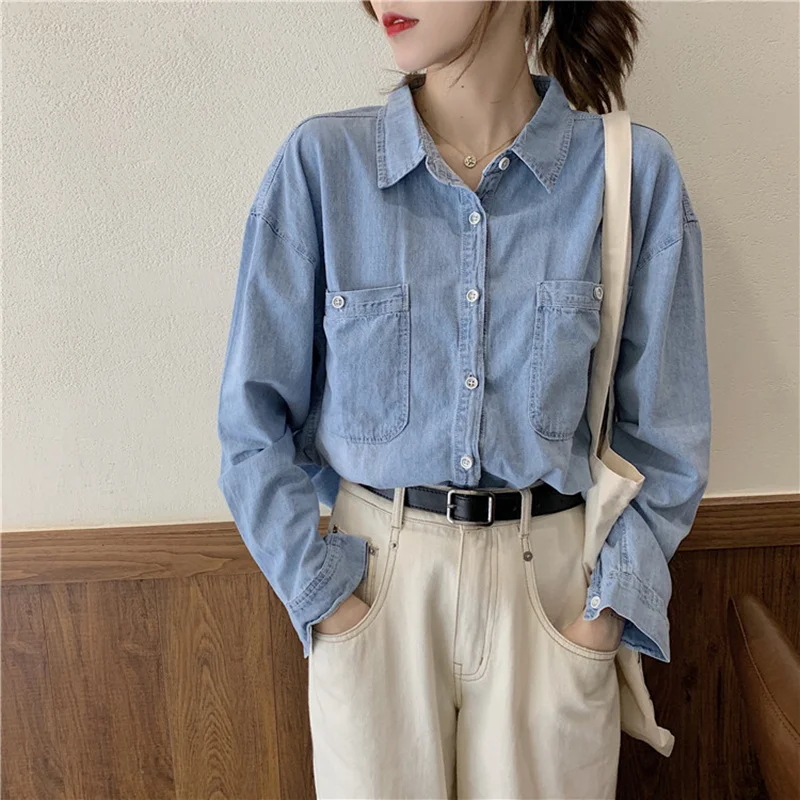 Женская ВИНТАЖНАЯ ДЖИНСОВАЯ РУБАШКА REALEFT свободная блузка с длинными рукавами и