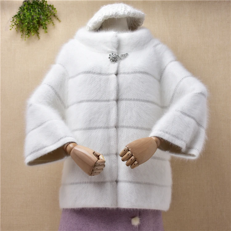 

top mujer women hairy white 100% mink cashmere knitted three quarter sleeves loose stand-up collar cardigans jacket coat sweater