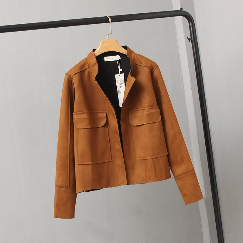 

Women's Coat Jacket Spring Autumn Short Deerskin Jacket Stand Collar Pocket Cardigan Jackets Ladies fashion Large Size Outerwear