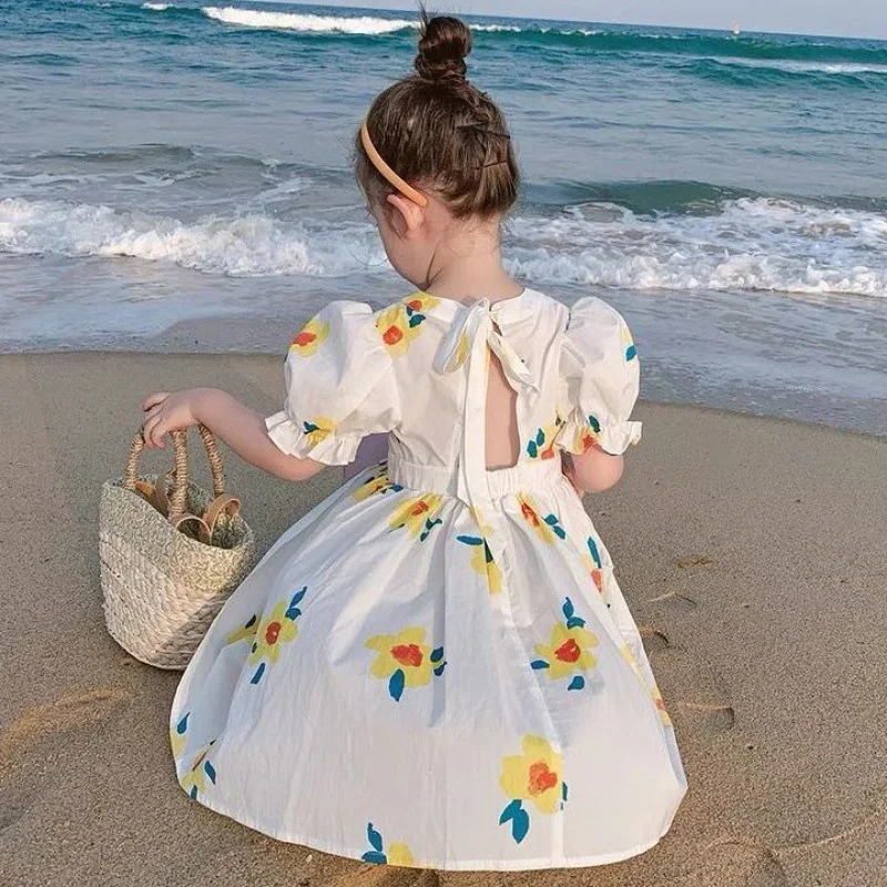 

Fashion Kids Girl Dress Puff Sleeve Flower Beach Dress 2021 Fashion Baby Girl Dress Children Clothes Summer Wear Princess Dress