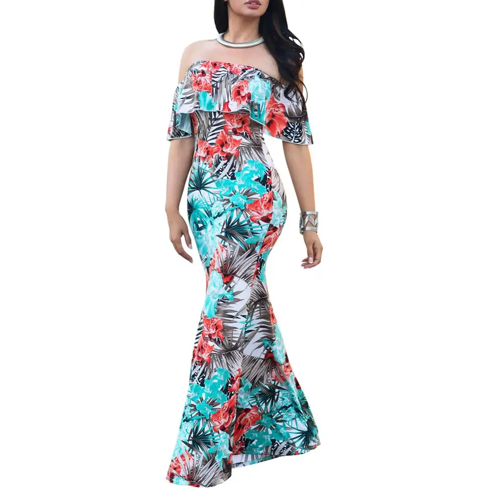 

Women Summer Party Dress Sexy Floral Print Off Shoulder Short Sleeve Ruffles Maxi Dress Backless Casual Ladies Beach Dresses