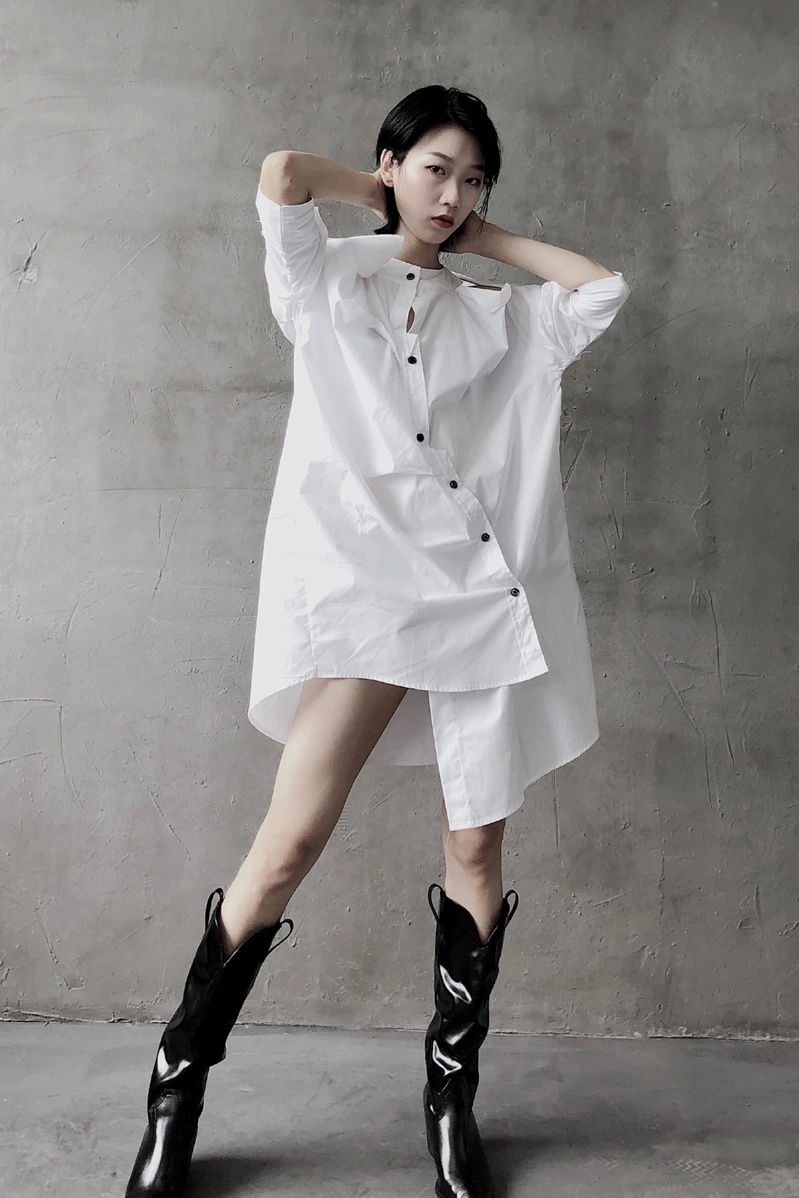 

New Design Solid White Stand Dresses 2020 Spring and Summer New High Waist Off-Shoulder Irregular Shirt Women Blouse