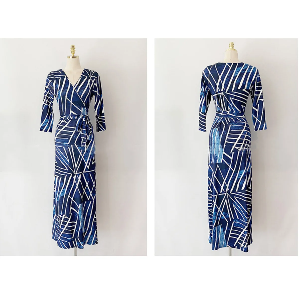 

Spring Autumn 2021 Ladies Boho Style Slim Lace Up Stripe Print V-neck High Waist Evening Dress Women 3/4 Sleeve Long Party Dress
