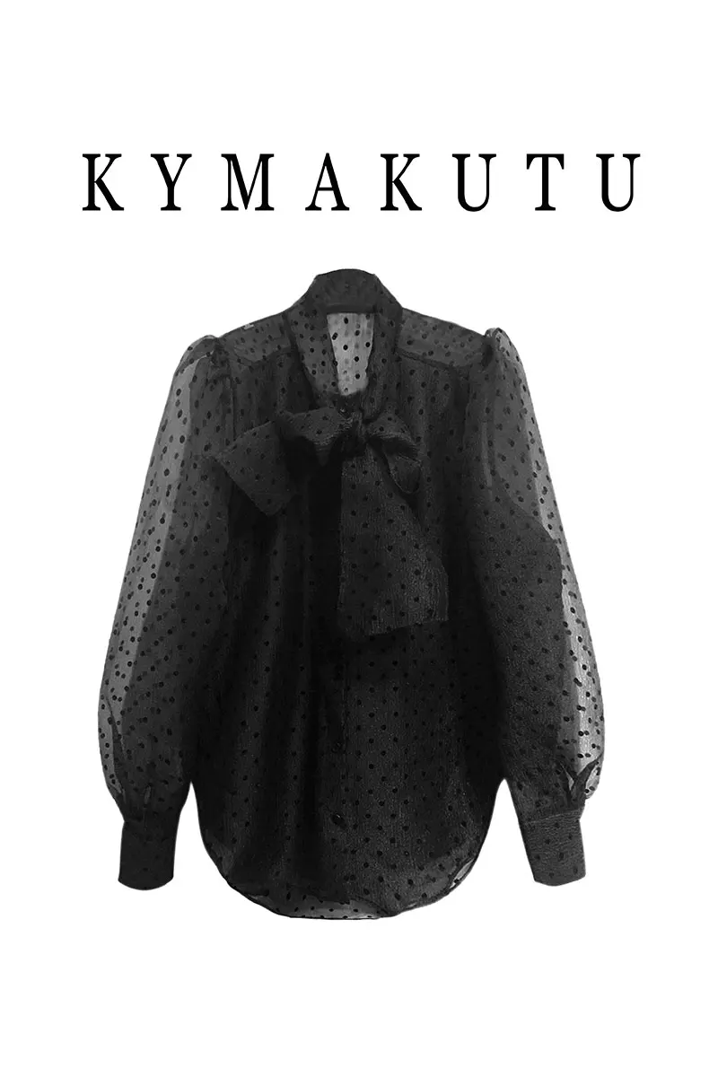 

2021 Spring New Retro Lantern Sleeve Sweet Polka-dot Lace-up Chiffon Shirt Womens Tops