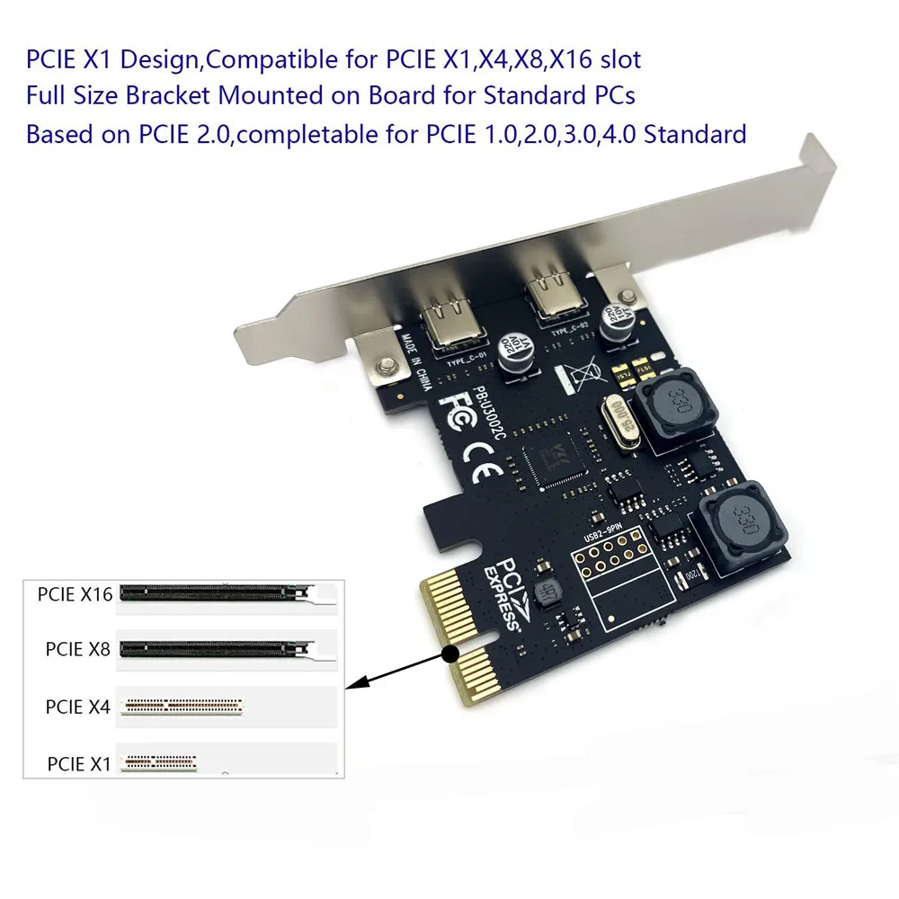 Карта расширения PCI-E 2 порта USB3.0 Type-C 5 Гбит/с высокоскоростная карта адаптера Type C