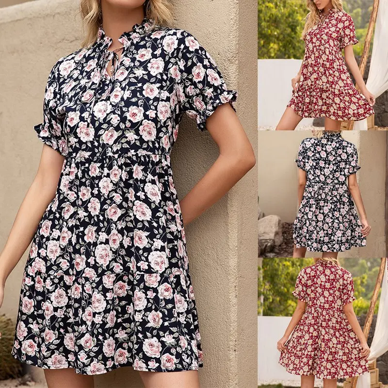 

Модное Новое Женское платье с коротким рукавом и цветочным принтом в европейском и американском стиле
