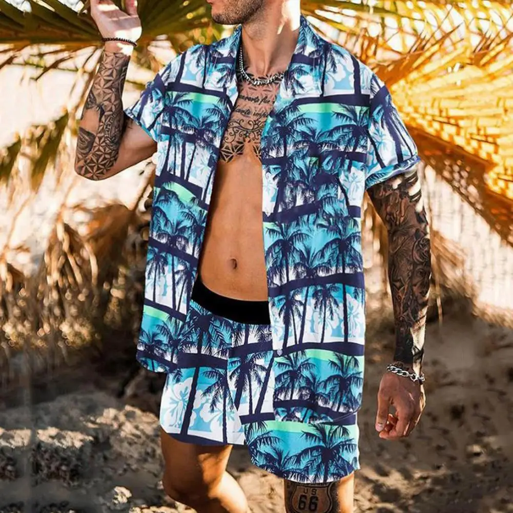 

Beach Outfit Digital Print Short Sleeve Men Lapel Buttons Shirt Shorts Set Men's Shirt Set Two-piece Summer Hawaiian Streetwear