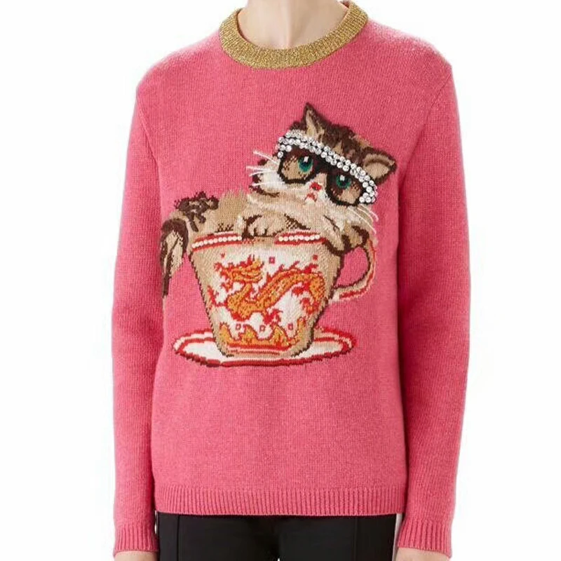 2020 autumn Jumper sueter mujer Runway Design Knitted Pullover Fashion Cat Dragon Jacquard Winter Women Pink Sweater B-015 | Женская