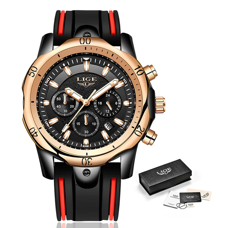 Часы наручные LIGE мужские с силиконовым ремешком брендовые Роскошные деловые