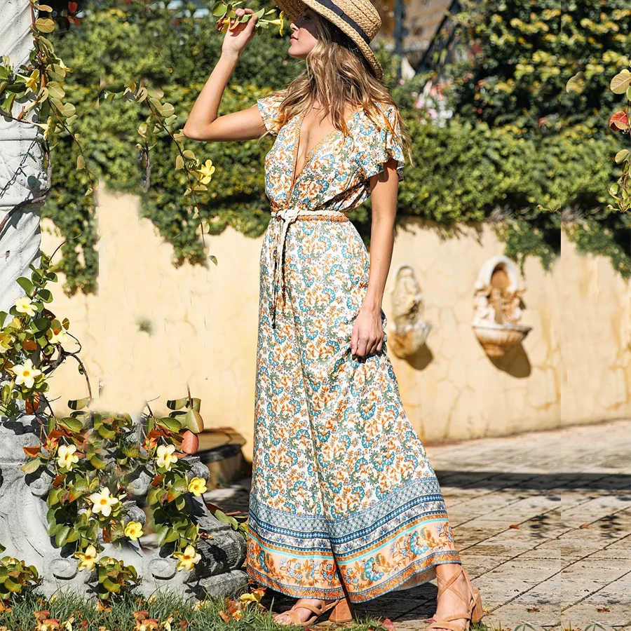 Женский комбинезон с рюшами TEELYNN Летний V-образным вырезом широкими штанинами