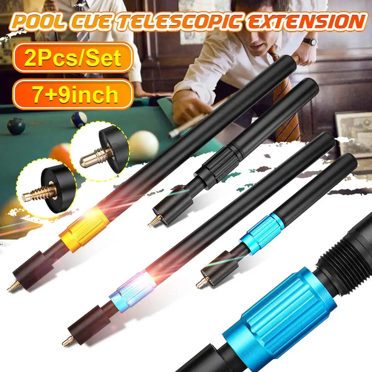 

2Pcs Aluminum Alloy Billiard Pool Cue Telescopic Extension Adjustable Round/Pointed End Snooker Cue Extension For O' min