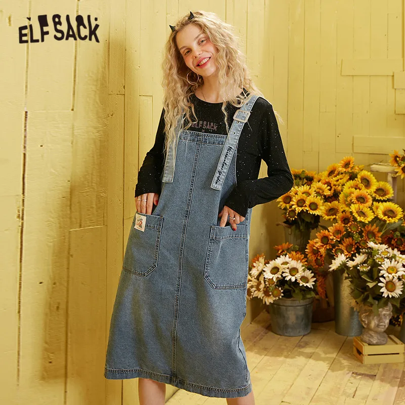 ELFSACK синее однотонное платье Ван Гога с аппликацией Повседневное преппи для