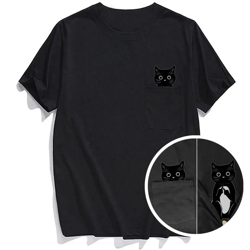 

FiiShiMi Power funny pocket Cat Cotton short-sleeved O-Neck T-shirt Suitable for both men and women black Top Daily clothing