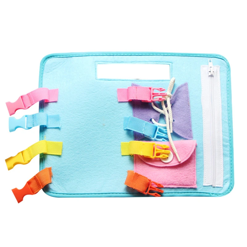 

Portable Baby Soft Cloth Activity Board Non-Toxic Early Learning Basic Life Skill Toy- Zip, Button, Buckle, Snap and Tie, Blue