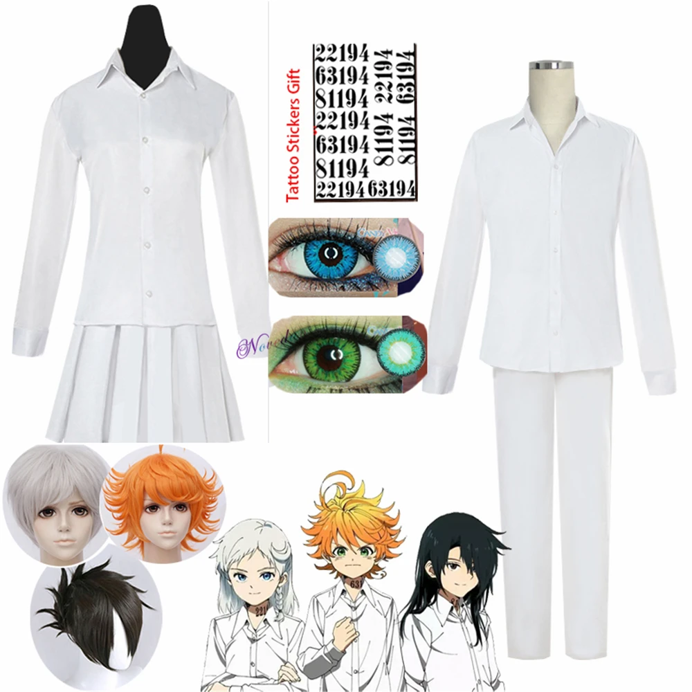 Anime The Promised Neverland Cosplay Costume School Uniform Emma Norman Ray Cosplay Wig T Shirt Washable Tattoo Stickers