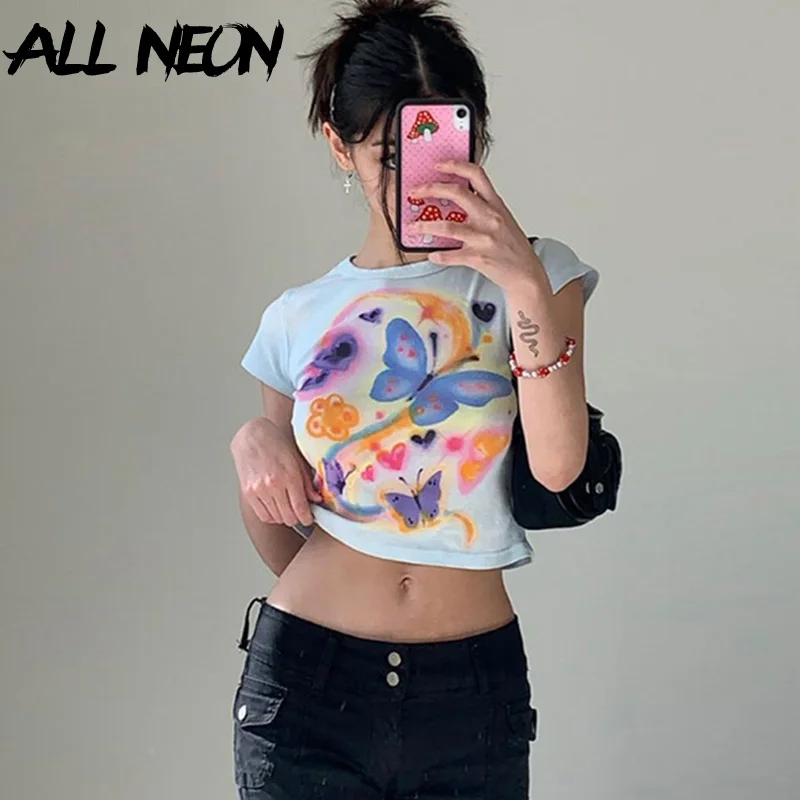 

ALLNeon Y2K Aesthetics Butterfly Printing Cute Baby Tees Vintage 2000s O-neck Short Sleeve White T-shirts Kawaii Summer Crop Top