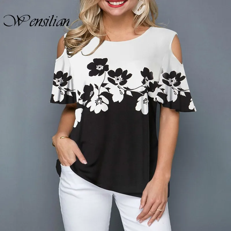 Женская футболка с коротким рукавом и цветочным принтом свободного покроя |