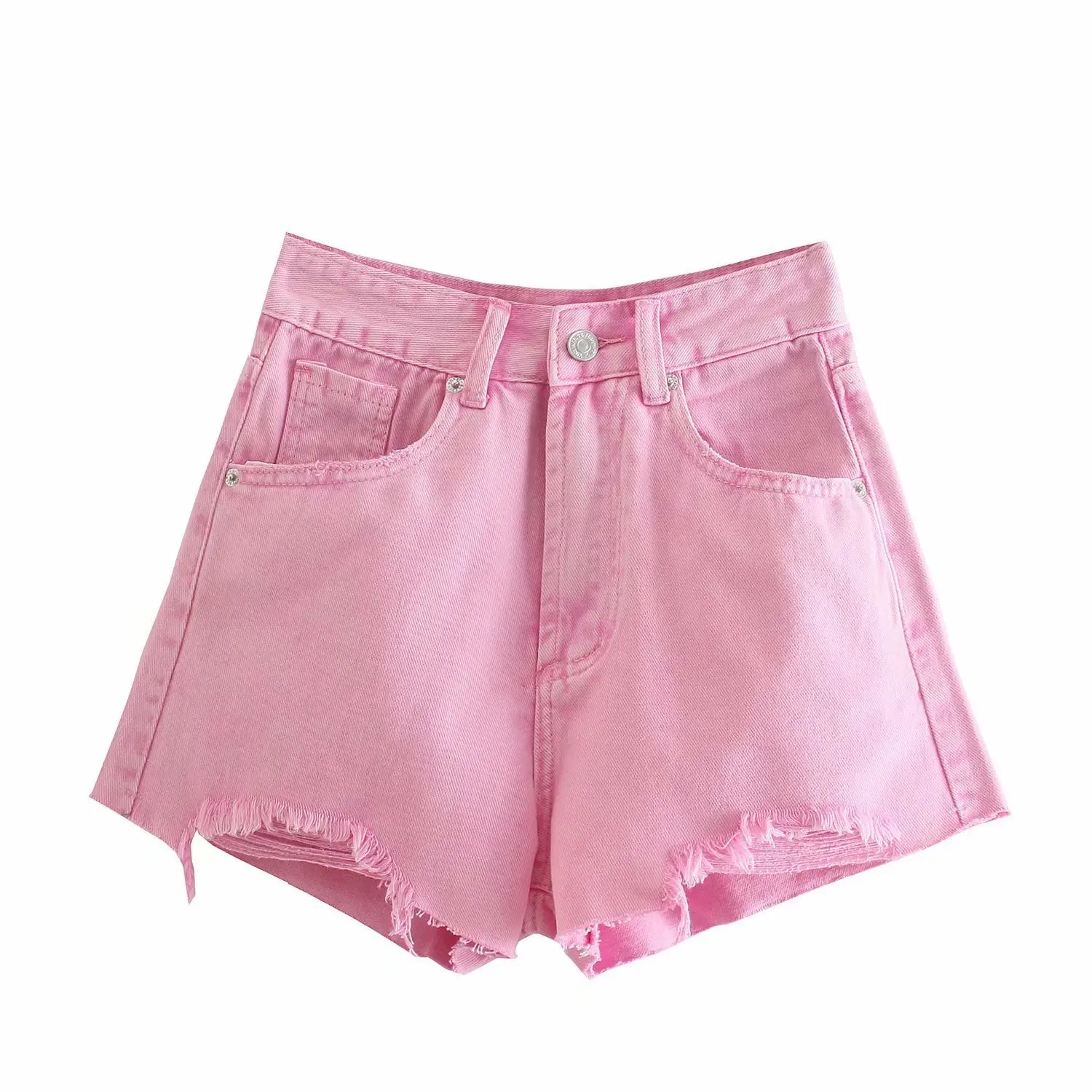 

Summer Fashion Women's High Waist Color Pink Denim Shorts Tassel Hollow Jeans