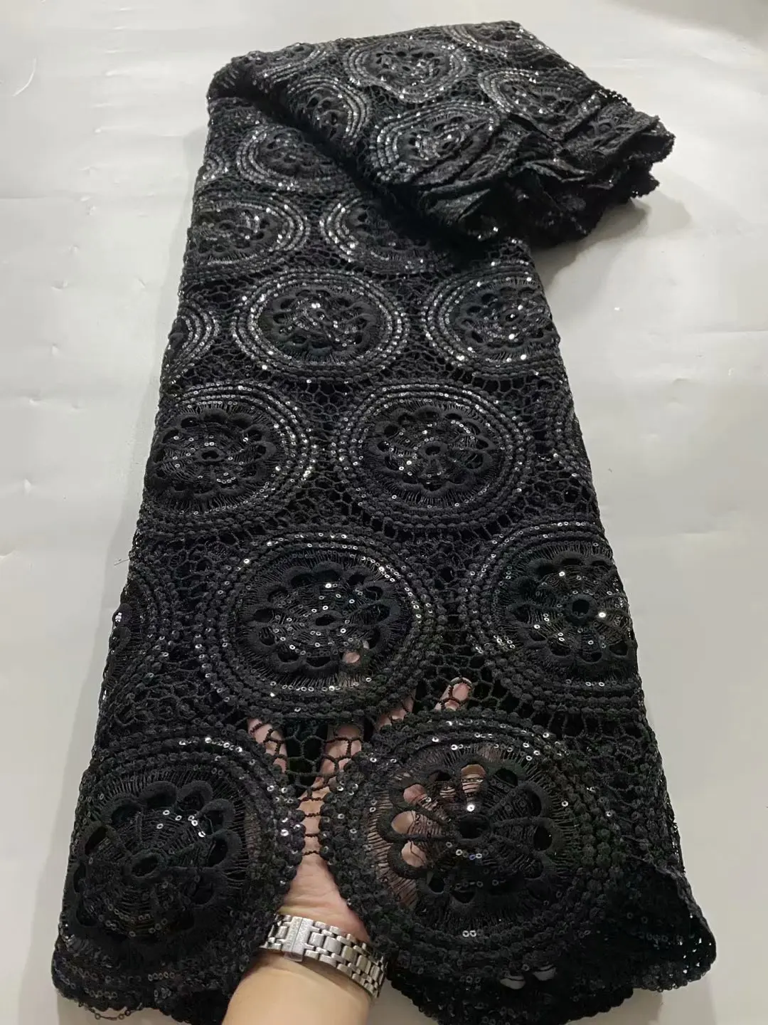 

Hot Sale African Lace Fabric 2021 New High Quality Lace Orange French African Guipure Lace Cord With sequins For Wedding 5 Yards